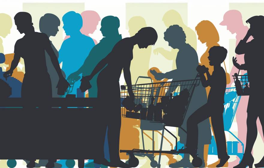 An illustration of silhouetted figures in line at a grocery story checkout, with a boy pushing a shopping cart