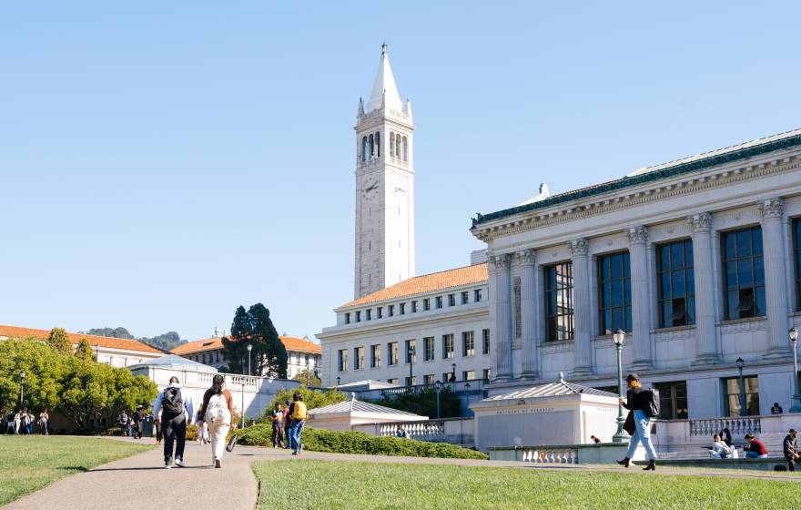 A view of the UC Berkeley campus, including Sather Tower and the library, on a day with a blue sky