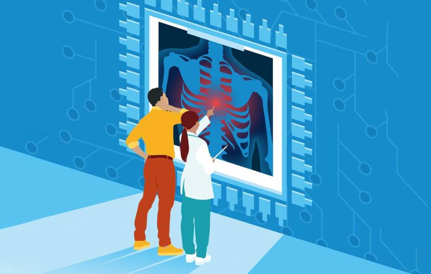 In an illustration, two people study an oversized lung X-ray, one of the people (in scrubs) pointing at it
