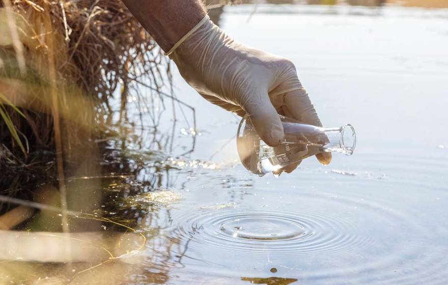 A gloved hand collecting water outside