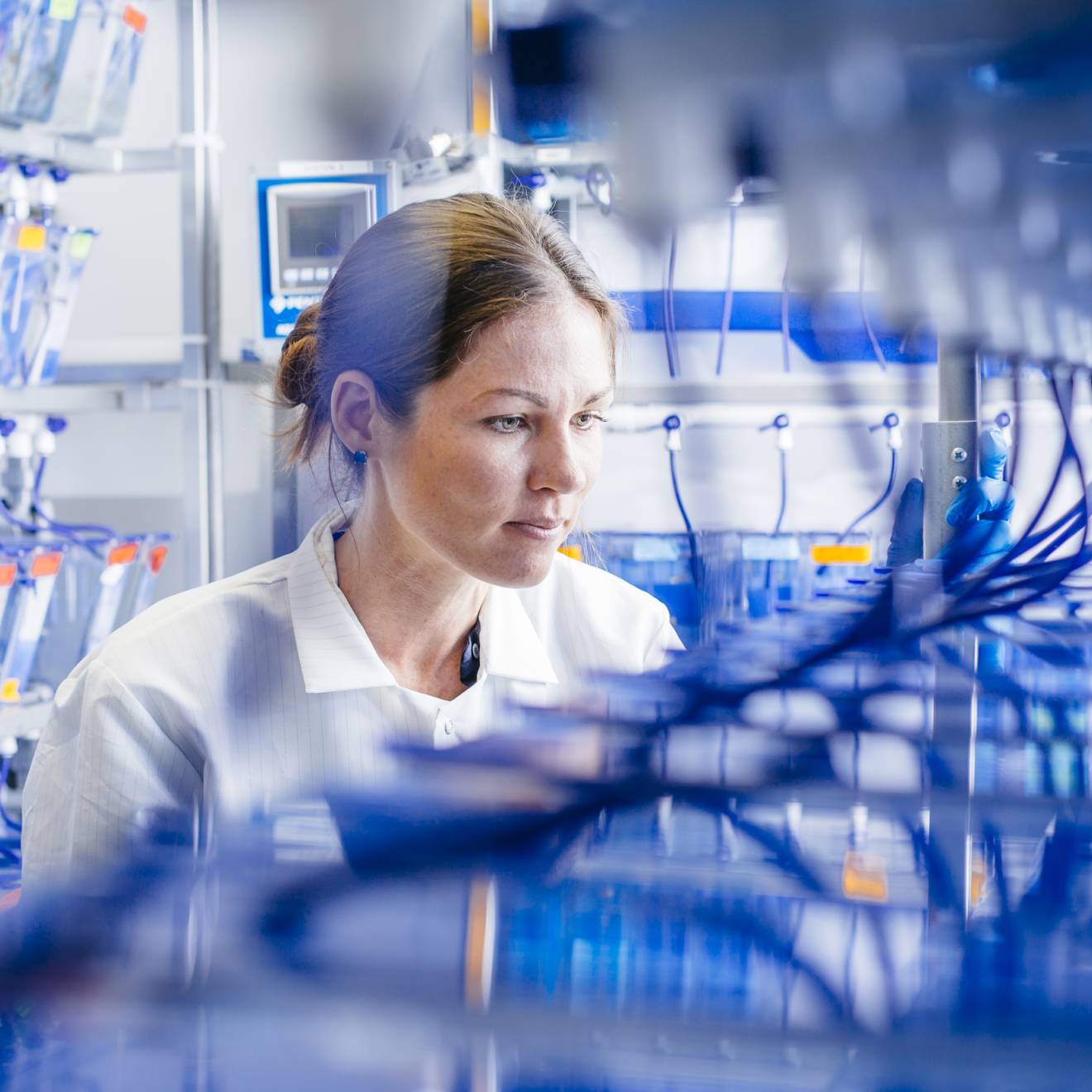 A woman in a lab surrounded by blue tubes