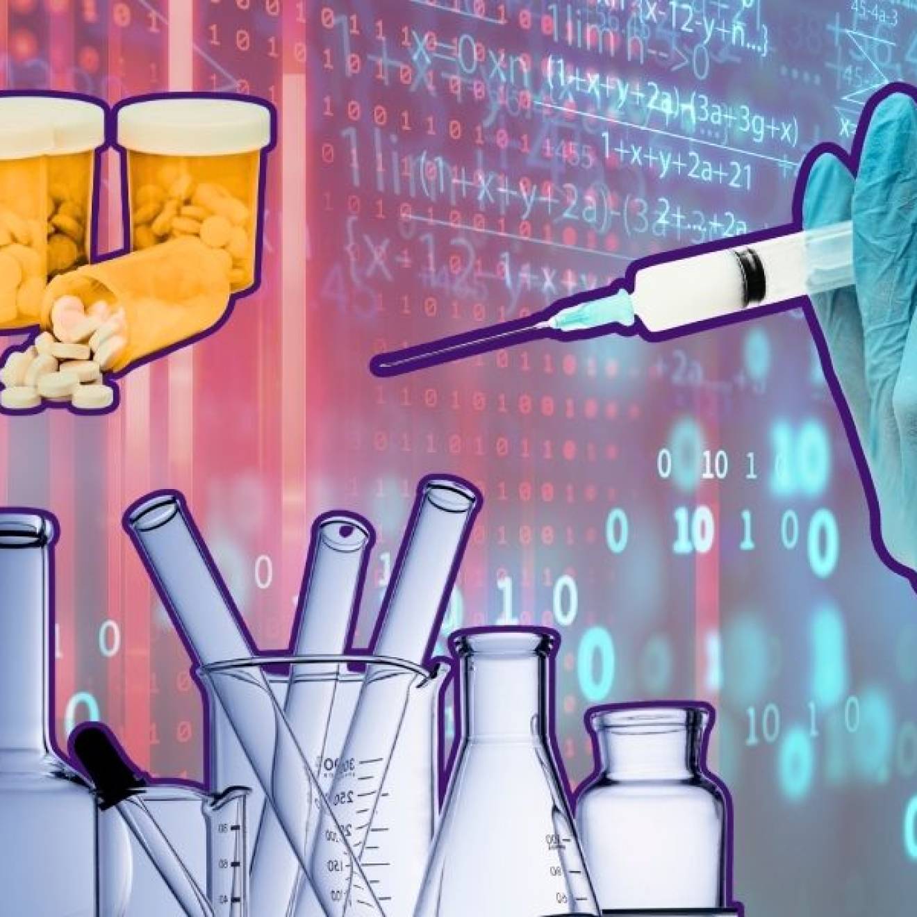In an illustration collage, an IV drip, a series of pipettes, and a gloved hand holding a syringe