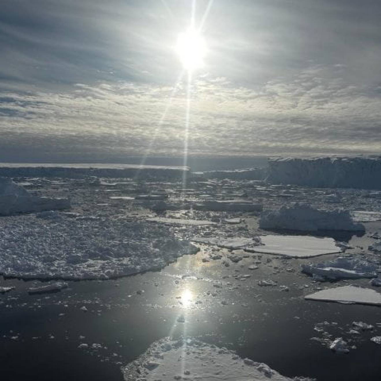 The sun glances off a sheet of ice