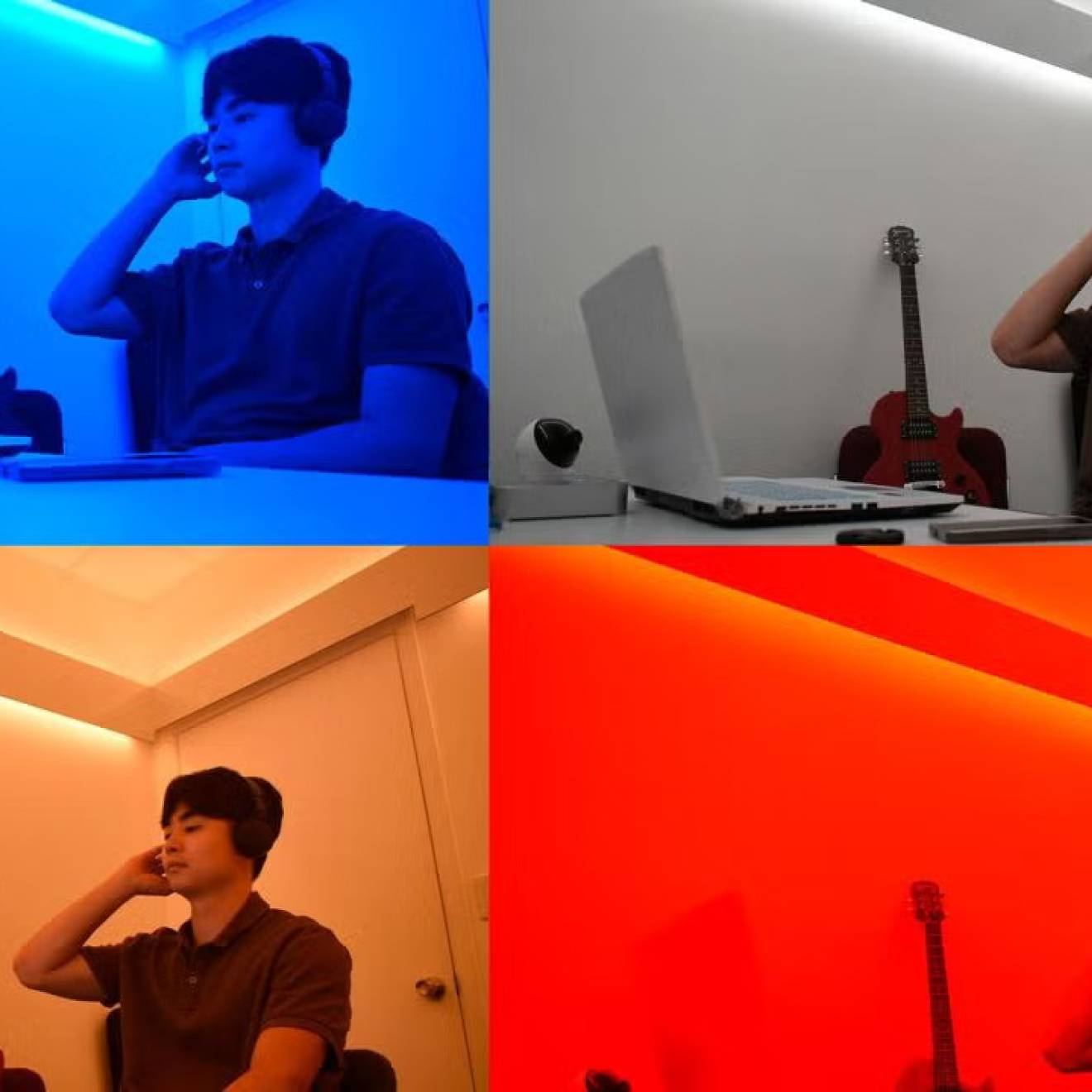 A man listening to music in 4 different light environments