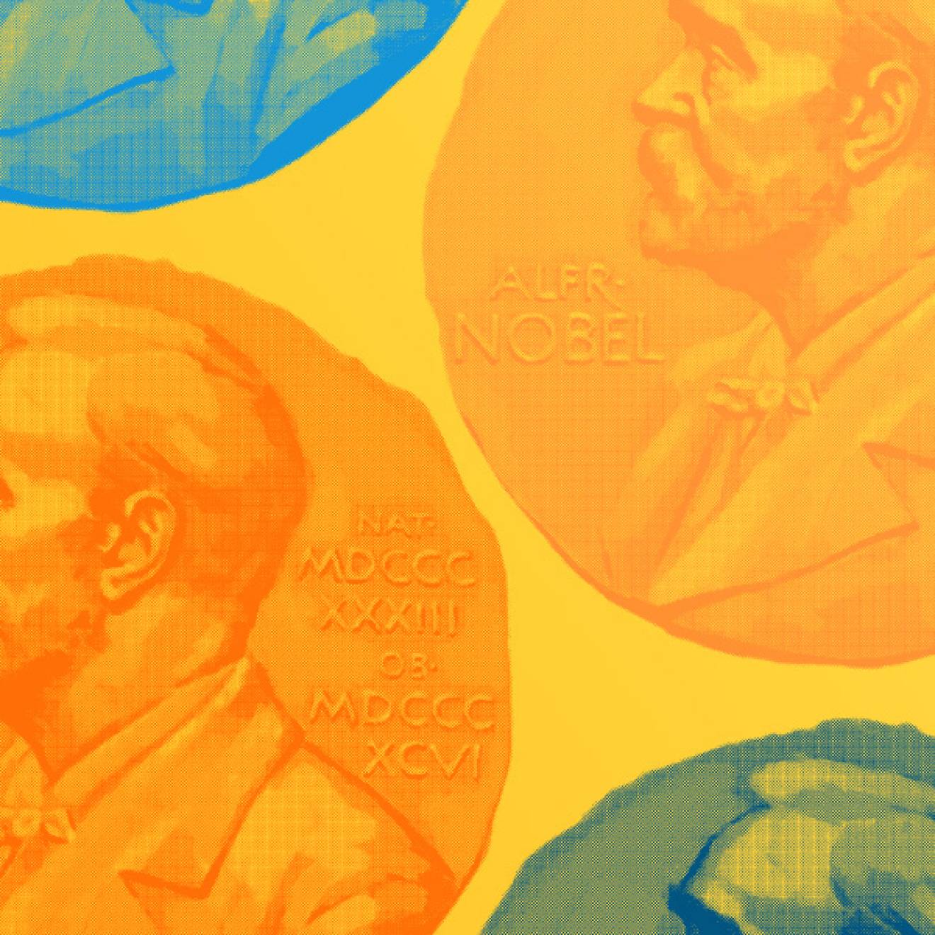 Illustration of overlapping Nobel Prize medals featuring Alfred Nobel’s profile, in orange, blue and green against a yellow background.
