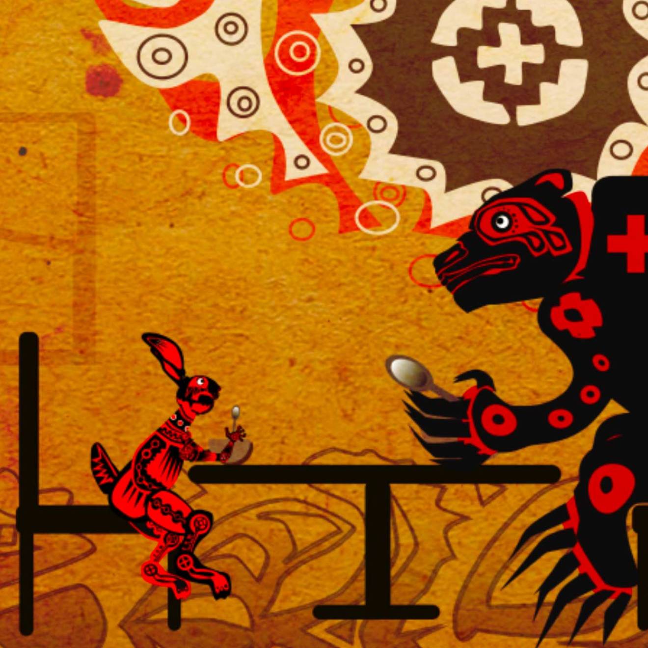 A digital illustration of a rabbit and a bear sitting at a table with Indigenous visual art patterns on their bodies