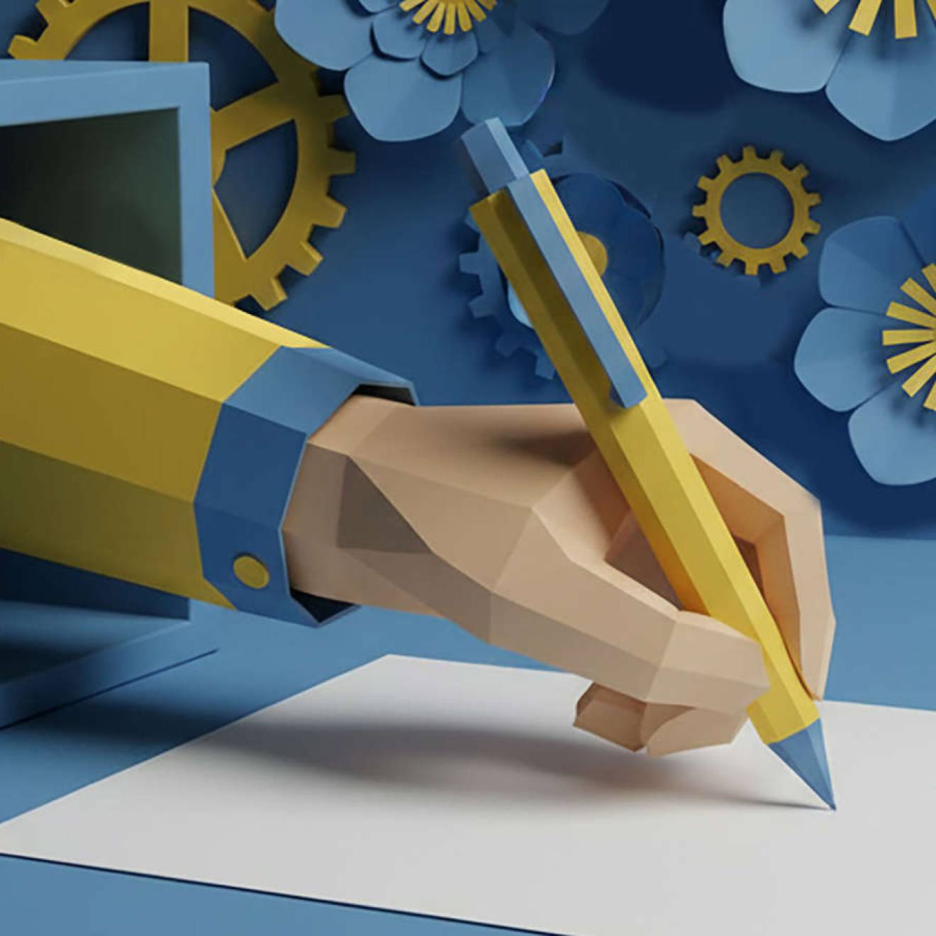 AI-rendered of hand emerging from a box, holding a pen pressed against paper