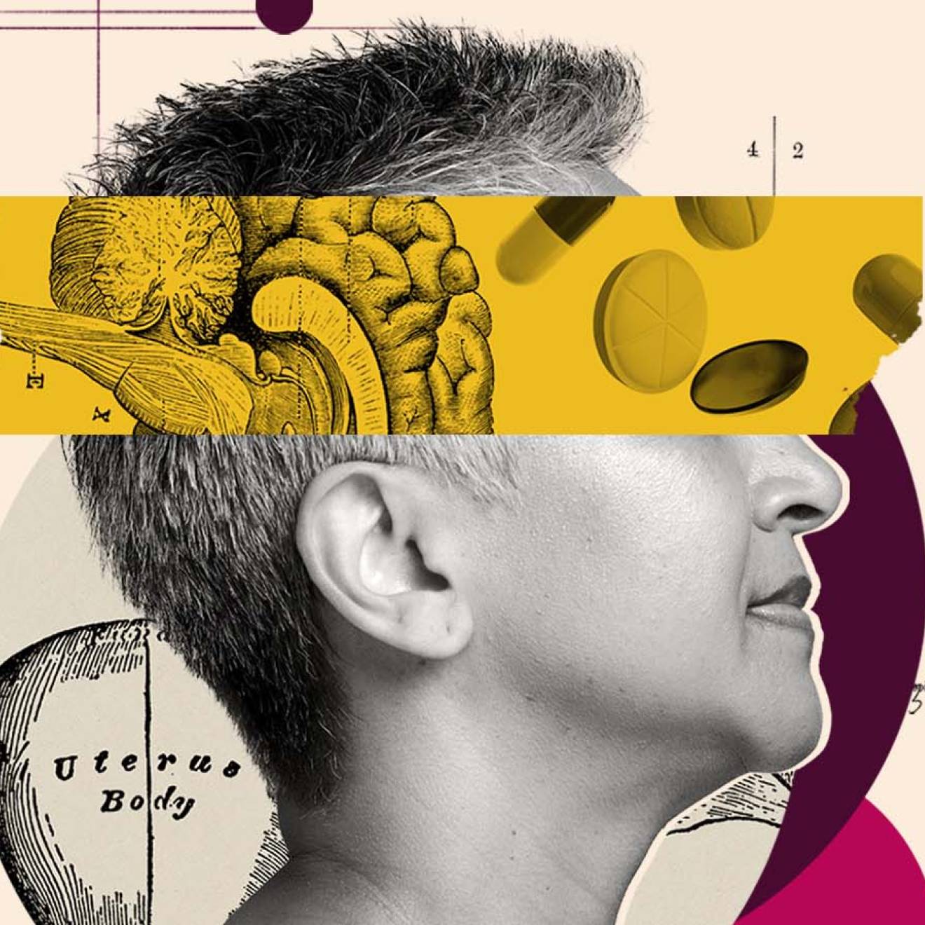 A woman, neck up, in profile, with short salt and pepper hair in silhouette and a collage cutout of a brain and pills over her eyes, along with other collage illustrations in the backdrop and dots