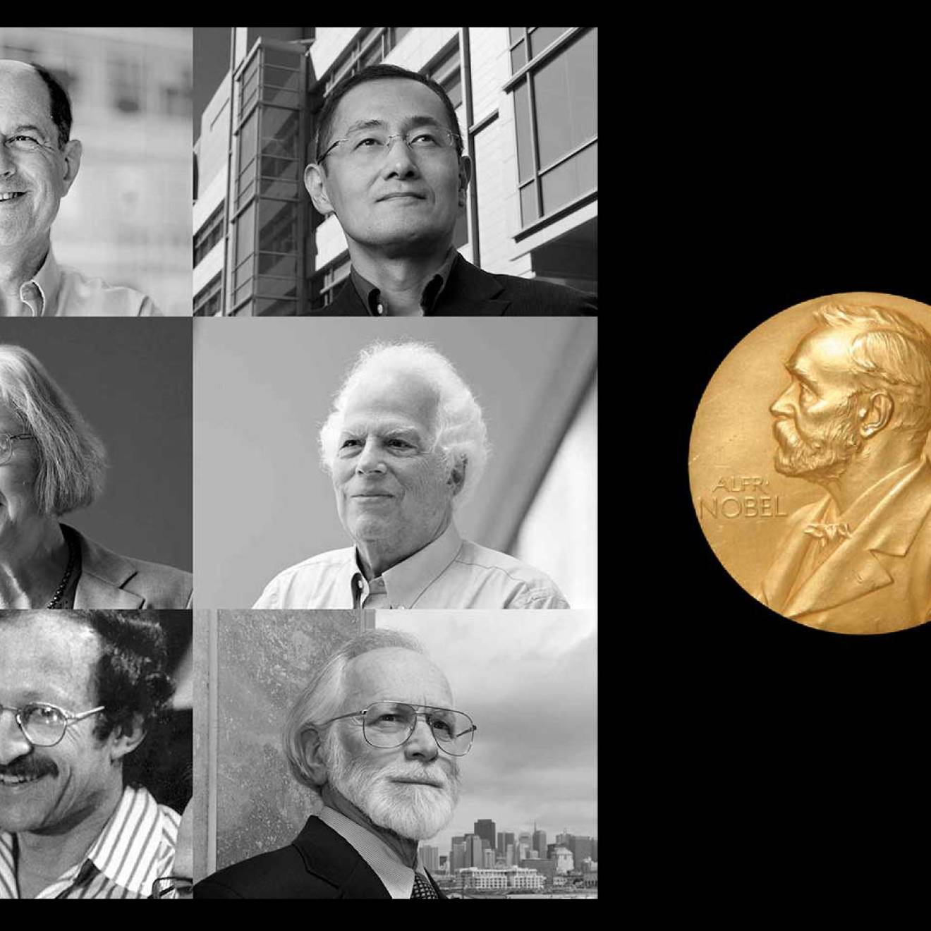 A 2x3 collage of portraits of 6 Nobelists from UCSF next to an image of a Nobel Prize