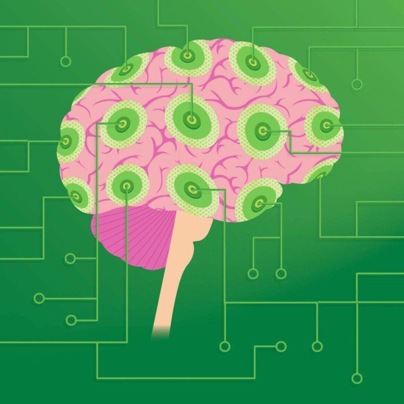 Illustration of a human brain in pink with green circular patterns overlaid, connected to a network of thin green circuit-like lines on a dark green background, suggesting a fusion of biology and technology.